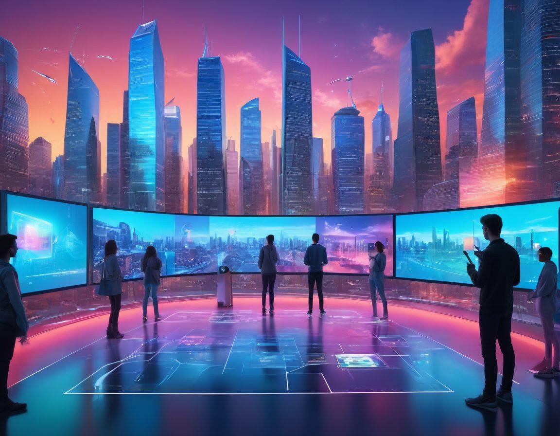 A futuristic digital landscape showcasing a dynamic interaction between bloggers and influencers, with holographic screens displaying trending topics and social media feeds. The scene is vibrant, filled with diverse characters engaged in a lively discussion, and technology elements like drones and AR glasses. The background features a skyline of modern buildings that symbolize digital innovation. super-realistic. vibrant colors. 3D.