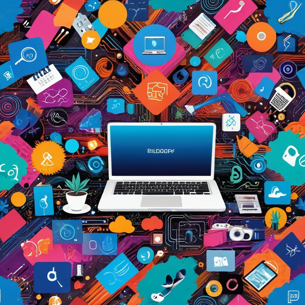 A vibrant collage representing the digital landscape, featuring a mix of lifestyle activities like yoga and cooking, entertainment icons like streaming platforms and music notes, and blogging elements such as laptops and pens. Bright colors and dynamic shapes to convey energy and creativity. Include abstract digital elements like circuits and social media icons woven throughout. super-realistic. vibrant colors. dynamic composition.